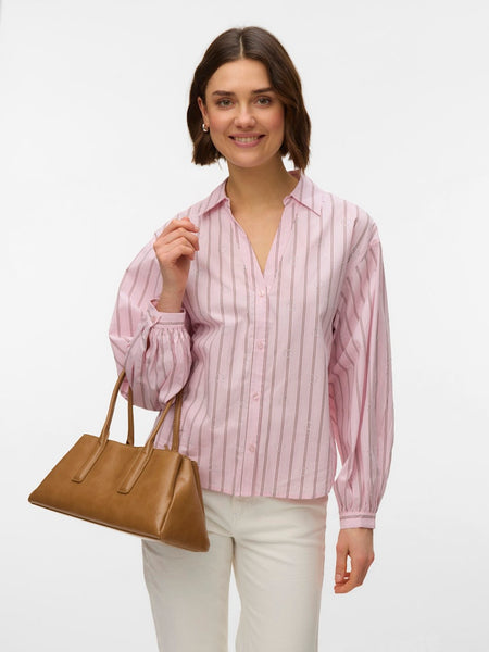 VERO MODA Striped Heart Stud Shirt in Pink