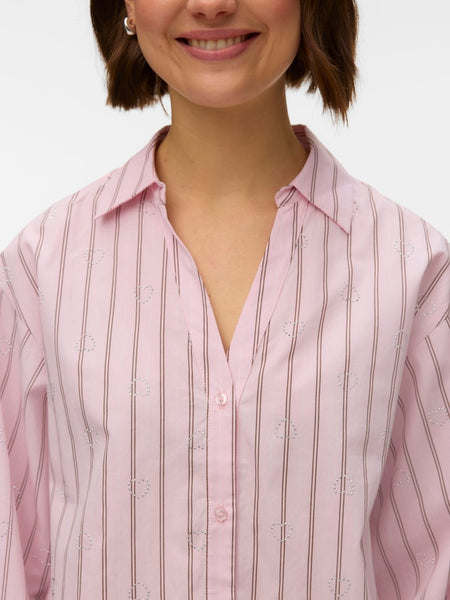 VERO MODA Striped Heart Stud Shirt in Pink