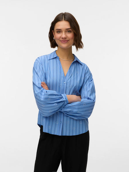 VERO MODA Striped Heart Stud Shirt in Blue