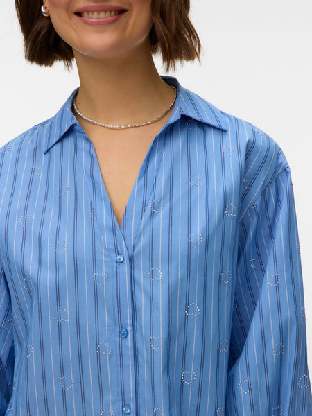 VERO MODA Striped Heart Stud Shirt in Blue