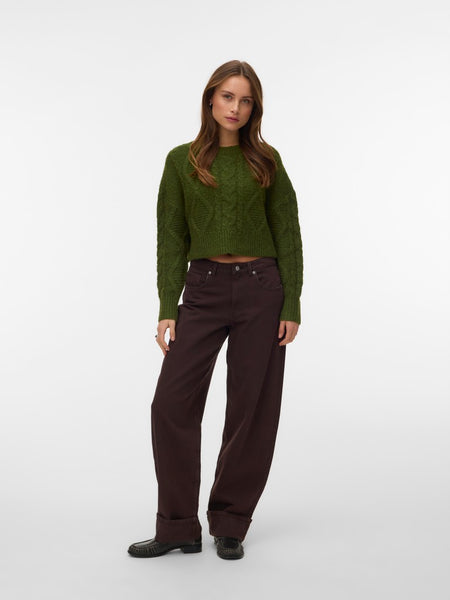 VERO MODA Short Cable Knit Jumper in Green