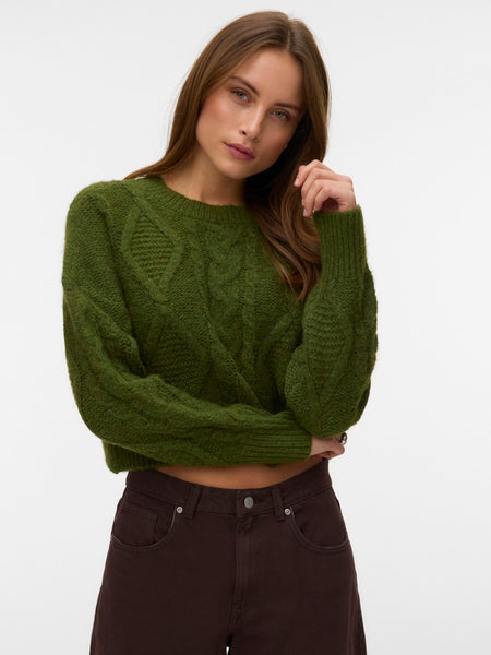 VERO MODA Short Cable Knit Jumper in Green