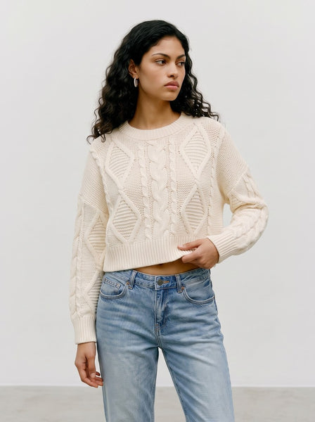 VERO MODA Short Cable Knit Jumper in Cream