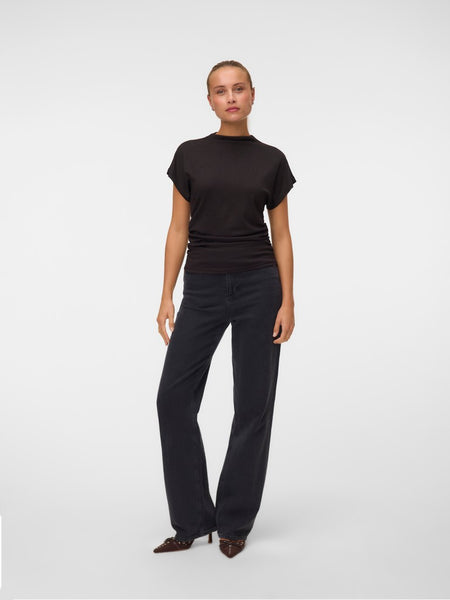 VERO MODA Short Sleeve Ruched Glitter Top in Chocolate