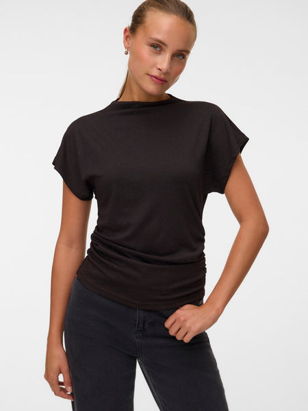 VERO MODA Short Sleeve Ruched Glitter Top in Chocolate