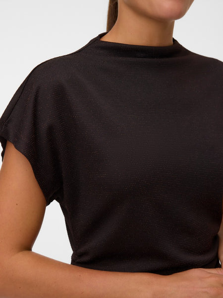 VERO MODA Short Sleeve Ruched Glitter Top in Chocolate