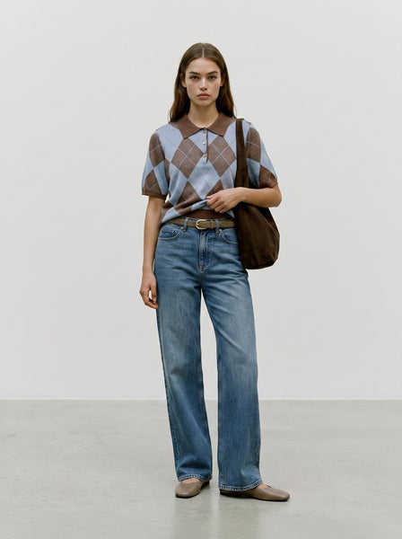 VERO MODA Short Sleeve Argyle Polo Top in Brown