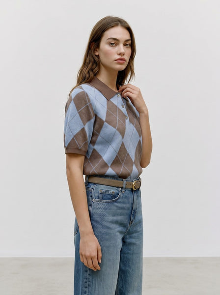 VERO MODA Short Sleeve Argyle Polo Top in Brown