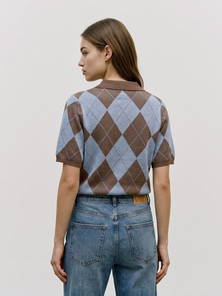 VERO MODA Short Sleeve Argyle Polo Top in Brown