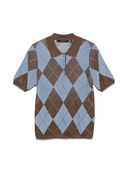 VERO MODA Short Sleeve Argyle Polo Top in Brown