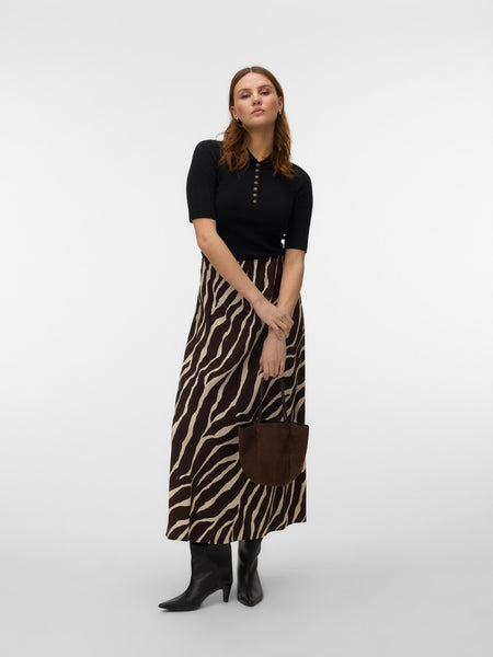 VERO MODA Zebra Print Ankle Skirt in Chocolate