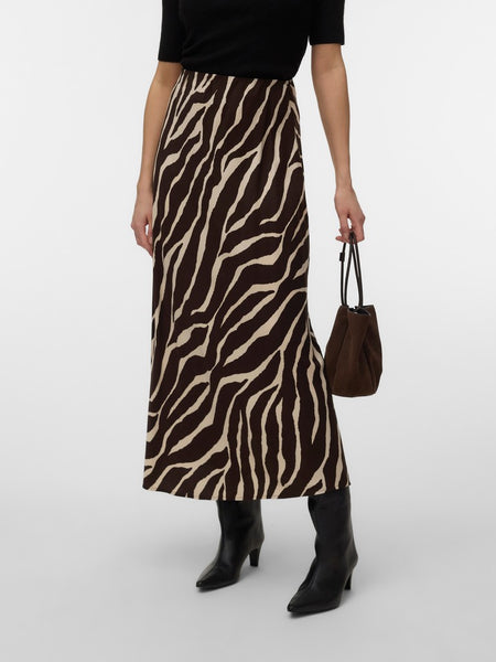 VERO MODA Zebra Print Ankle Skirt in Chocolate