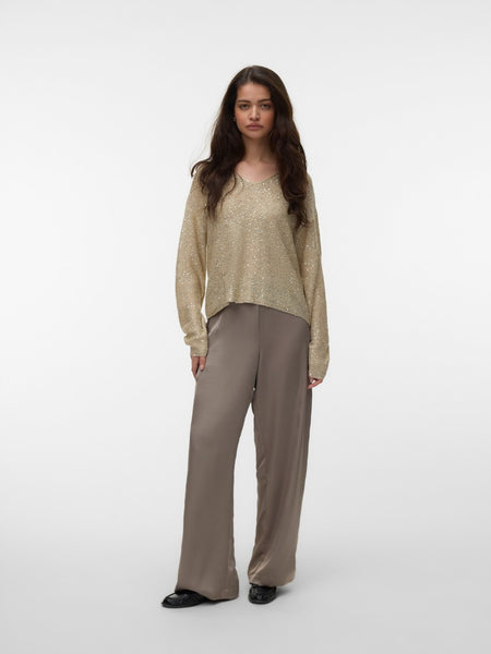 VERO MODA Sequin V-Neck Knit Jumper in Beige