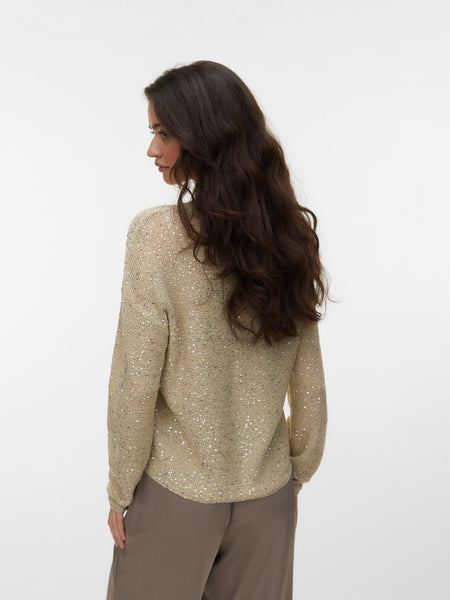 VERO MODA Sequin V-Neck Knit Jumper in Beige