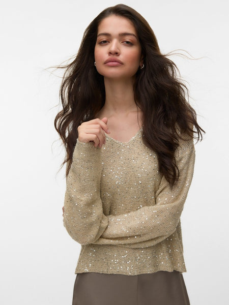 VERO MODA Sequin V-Neck Knit Jumper in Beige