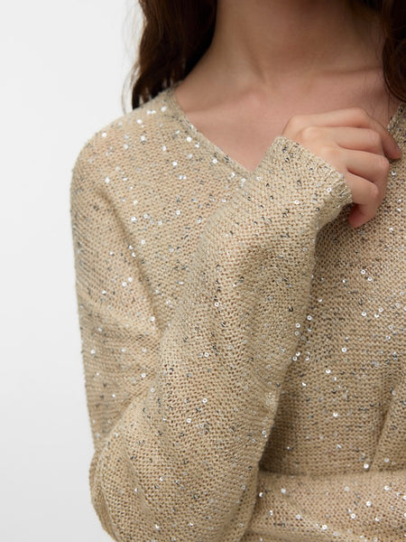 VERO MODA Sequin V-Neck Knit Jumper in Beige