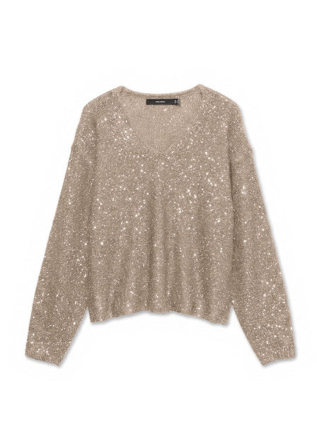 VERO MODA Sequin V-Neck Knit Jumper in Beige