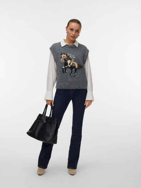 VERO MODA Horse Print Knit Vest in Grey