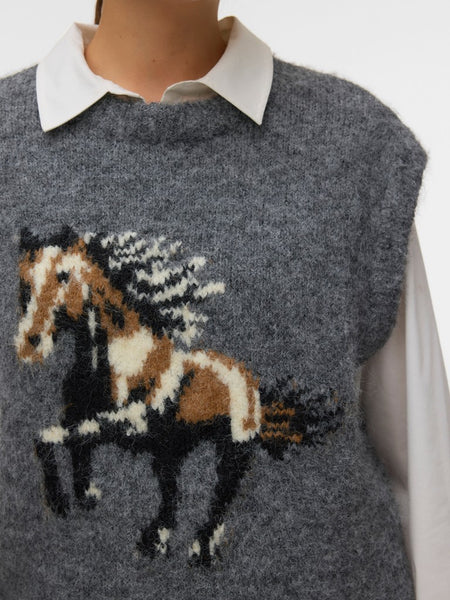 VERO MODA Horse Print Knit Vest in Grey