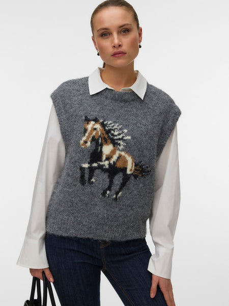 VERO MODA Horse Print Knit Vest in Grey