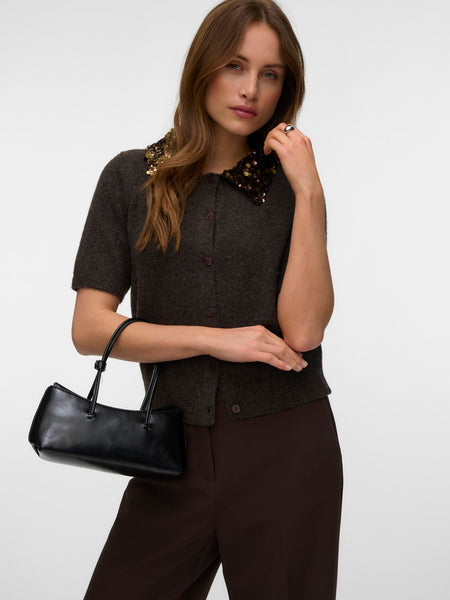 VERO MODA Sequin Collar Cardigan in Chocolate