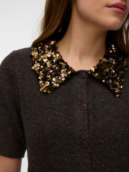 VERO MODA Sequin Collar Cardigan in Chocolate