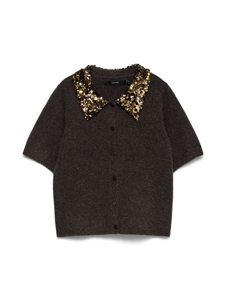 VERO MODA Sequin Collar Cardigan in Chocolate