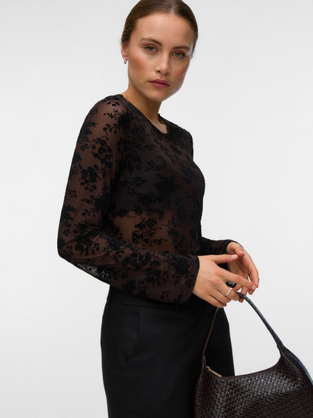 VERO MODA Floral Mesh Top in Chocolate