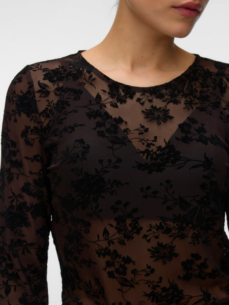 VERO MODA Floral Mesh Top in Chocolate