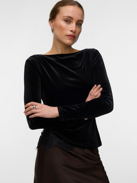 VERO MODA Lace Detail Velvet Top in Black
