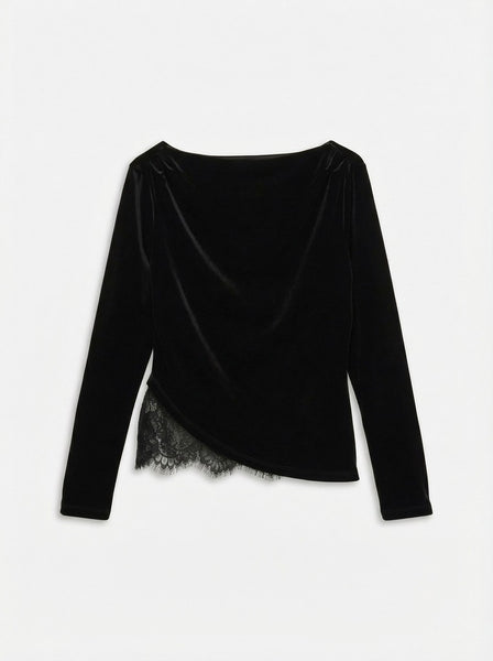 VERO MODA Lace Detail Velvet Top in Black