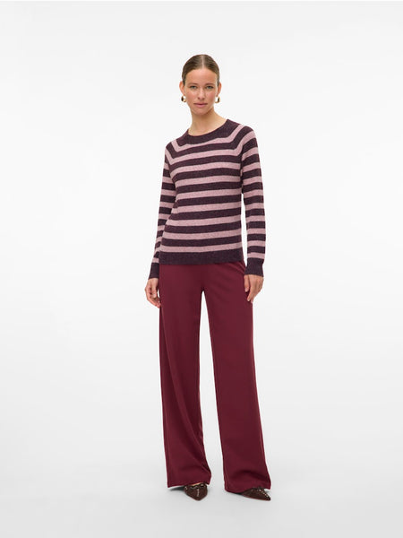 VERO MODA Knitted Striped O-Neck Jumper in Burgundy