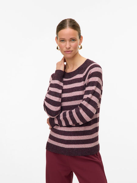 VERO MODA Knitted Striped O-Neck Jumper in Burgundy