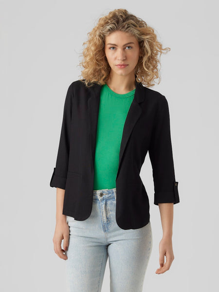 Vero Moda Linen Blend 3/4 Sleeve Blazer in Black