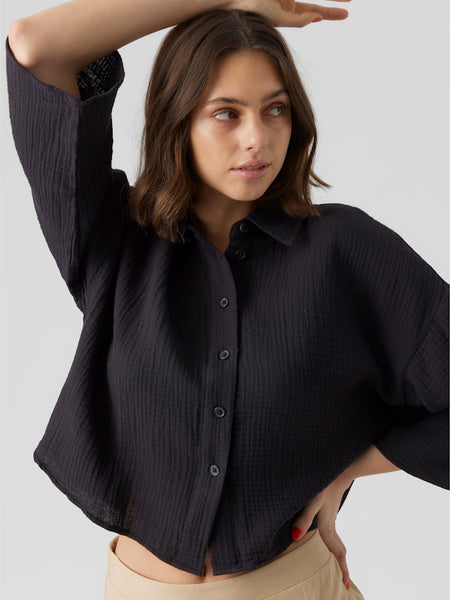 VERO MODA Cropped 3/4 Sleeve Cotton Shirt in Black