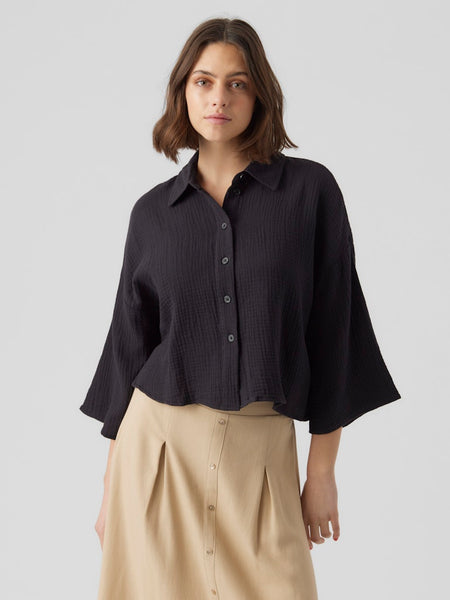VERO MODA Cropped 3/4 Sleeve Cotton Shirt in Black