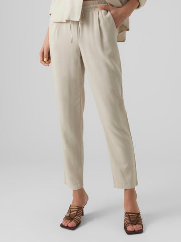 Vero Moda Straight Leg Linen Blend Trousers in Beige
