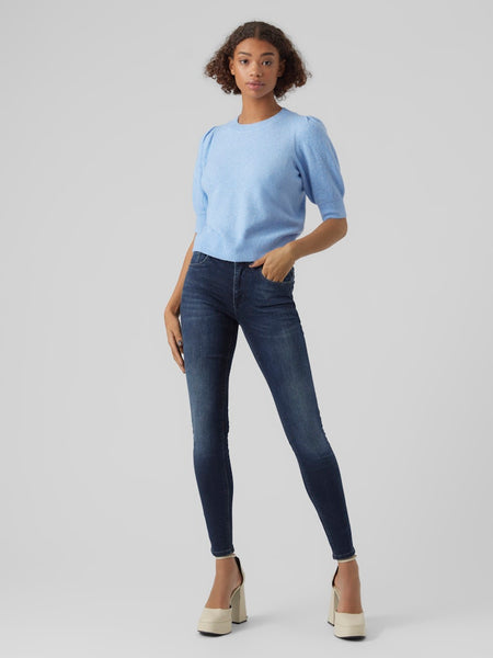 VERO MODA Knitted 2/4 Sleeve O-Neck Top in Blue