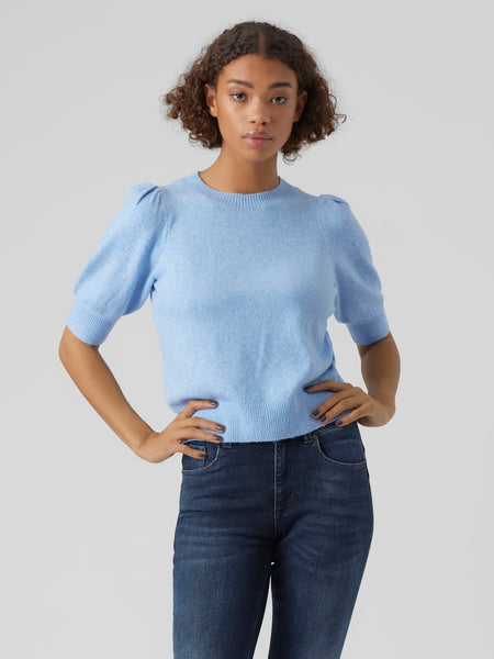 VERO MODA Knitted 2/4 Sleeve O-Neck Top in Blue