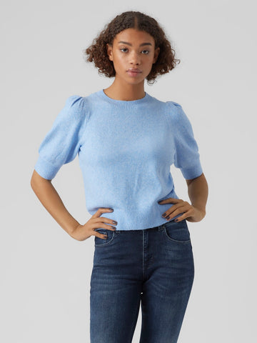 VERO MODA Knitted 2/4 Sleeve O-Neck Top in Blue