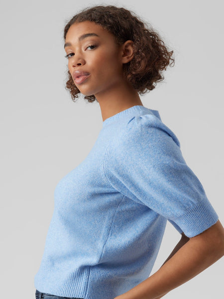 VERO MODA Knitted 2/4 Sleeve O-Neck Top in Blue