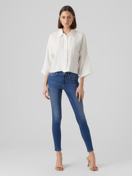 VERO MODA Cropped 3/4 Sleeve Cotton Shirt in White