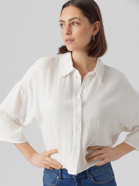 VERO MODA Cropped 3/4 Sleeve Cotton Shirt in White