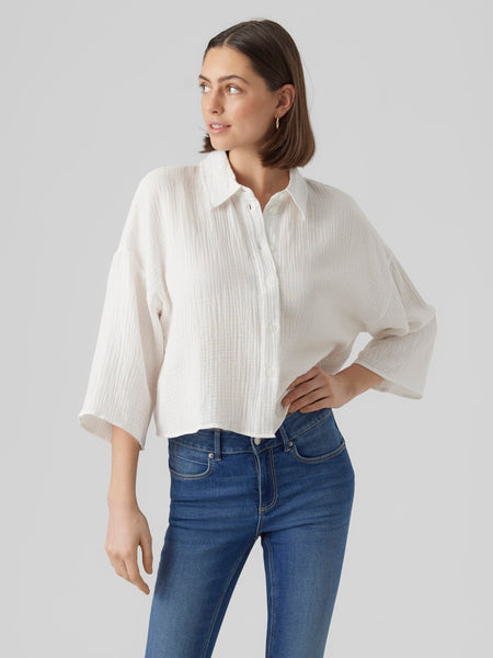 VERO MODA Cropped 3/4 Sleeve Cotton Shirt in White