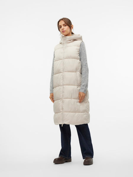 Vero Moda Long Padded Gilet With Hood in Cream