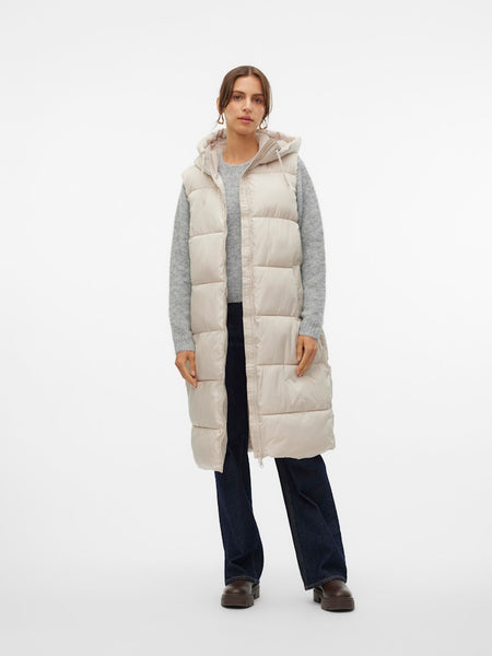 Vero Moda Long Padded Gilet With Hood in Cream