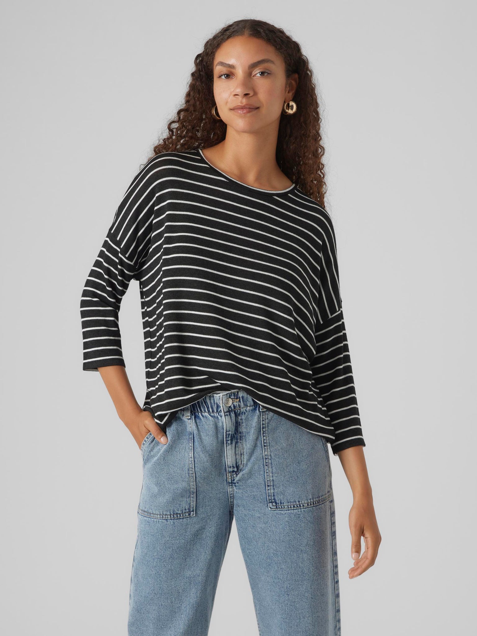 Vero Moda Striped Loose Fit 3/4 Sleeve Pullover in Black
