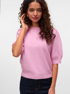 VERO MODA Knitted 2/4 Sleeve O-Neck Top in Pink
