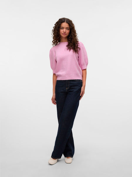 VERO MODA Knitted 2/4 Sleeve O-Neck Top in Pink