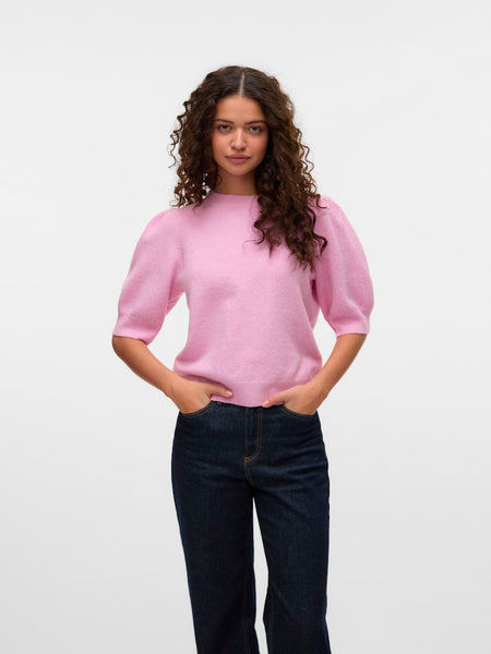 VERO MODA Knitted 2/4 Sleeve O-Neck Top in Pink